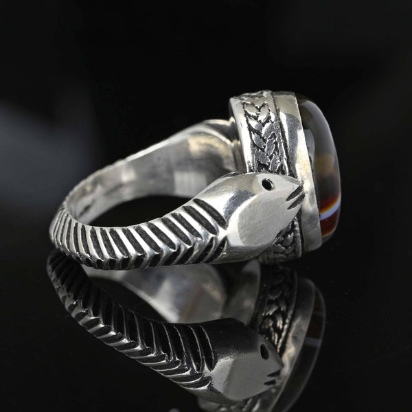 Vintage Silver Banded Agate Double Snake Ring - Boylerpf
