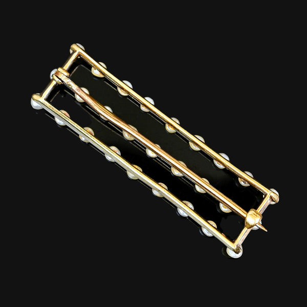 Edwardian Seed Pearl Bar Brooch in 14K Gold Antique