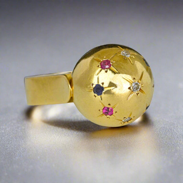 Vintage 18K Gold Star Ruby Sapphire Diamond Dome Ring - Boylerpf