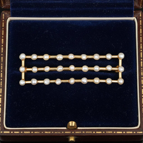 Edwardian Seed Pearl Bar Brooch in 14K Gold Antique