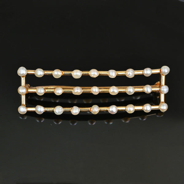 Edwardian Seed Pearl Bar Brooch in 14K Gold Antique
