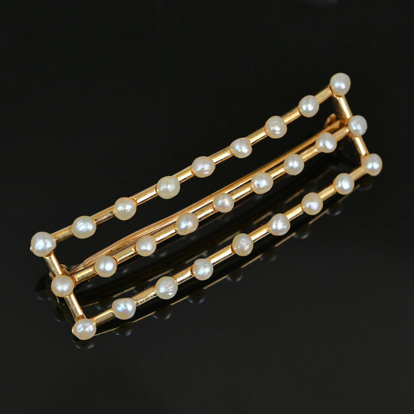 Edwardian Seed Pearl Bar Brooch in 14K Gold Antique