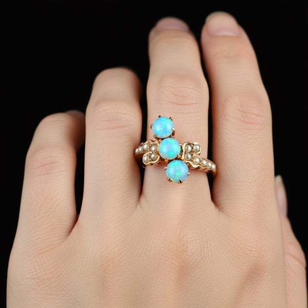 Antique Gold Bypass Pearl Three Stone Opal Ring