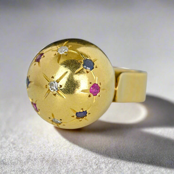 Vintage 18K Gold Star Ruby Sapphire Diamond Dome Ring - Boylerpf