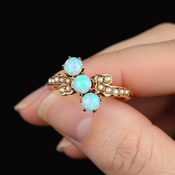 Antique Gold Bypass Pearl Three Stone Opal Ring