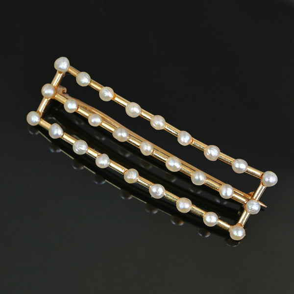Edwardian Seed Pearl Bar Brooch in 14K Gold Antique