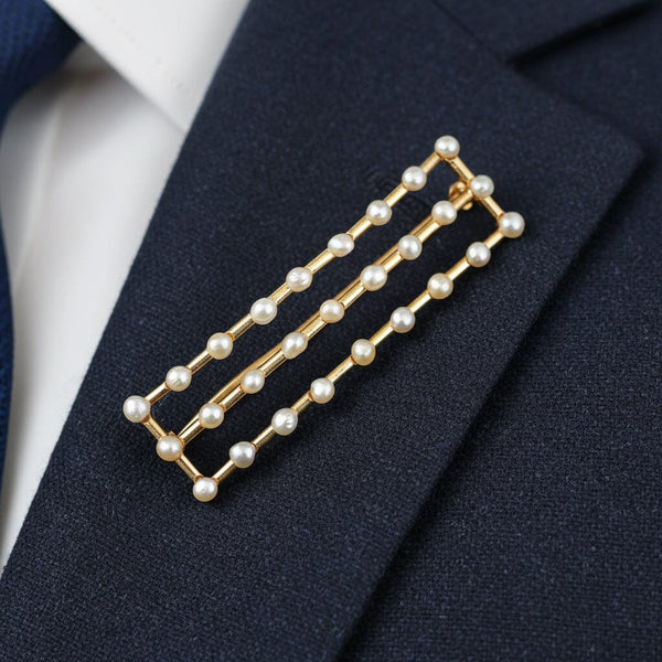 Edwardian Seed Pearl Bar Brooch in 14K Gold Antique