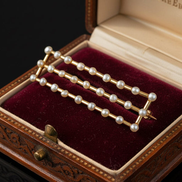 Edwardian Seed Pearl Bar Brooch in 14K Gold Antique