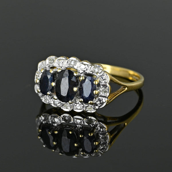 Diamond Halo Three Stone Sapphire Ring in Gold - Boylerpf