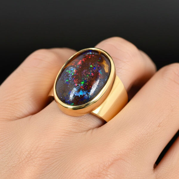 Vintage Australian Boulder Opal Ring, 14K Gold Signet, 21.3g