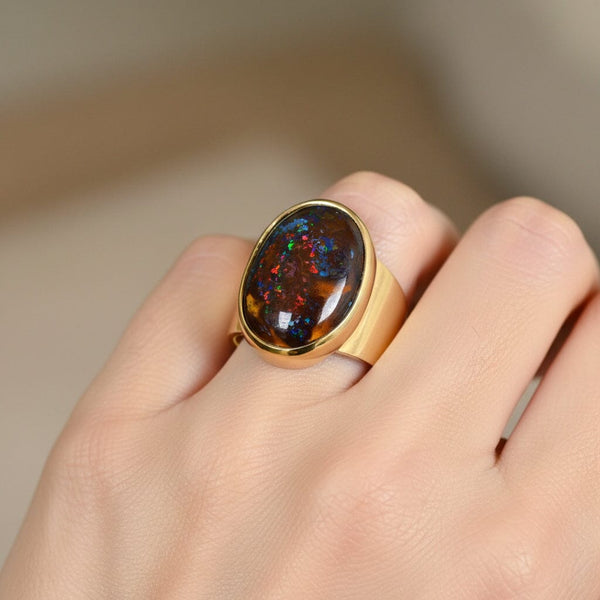 Vintage Australian Boulder Opal Ring, 14K Gold Signet, 21.3g