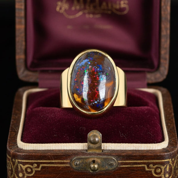 Vintage Australian Boulder Opal Ring, 14K Gold Signet, 21.3g