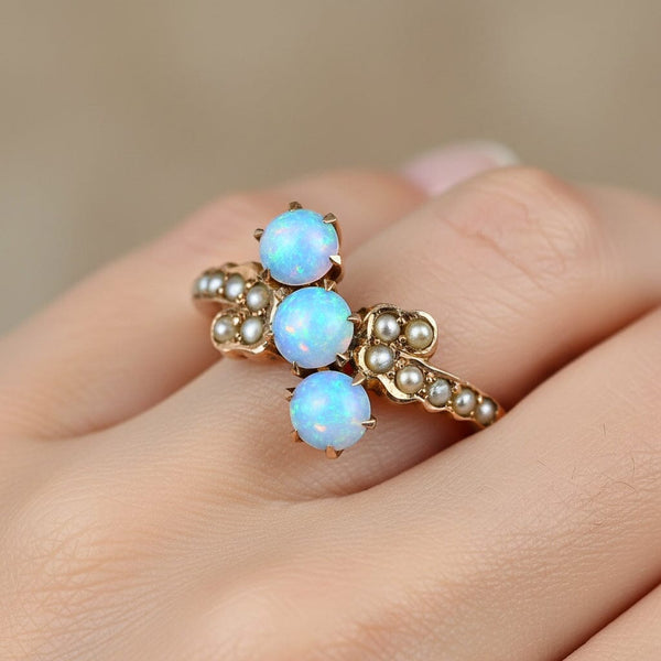 Antique Gold Bypass Pearl Three Stone Opal Ring