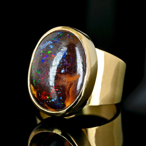 Vintage Australian Boulder Opal Ring, 14K Gold Signet, 21.3g