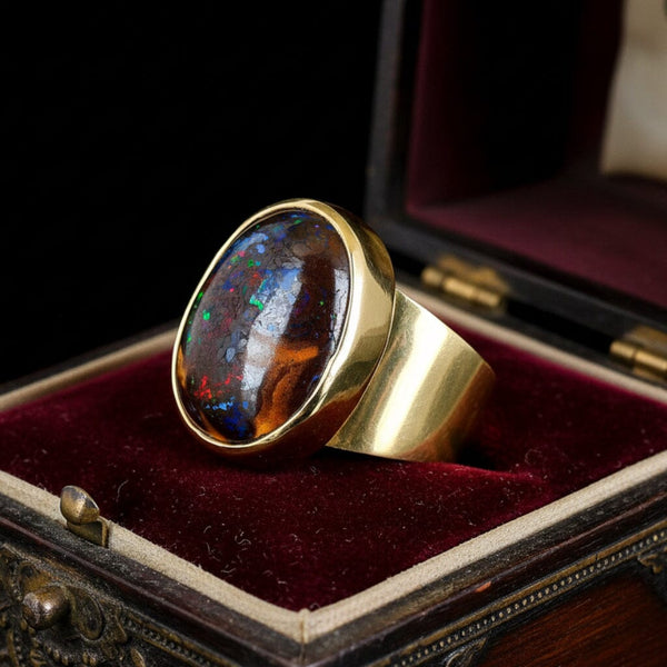 Vintage Australian Boulder Opal Ring, 14K Gold Signet, 21.3g