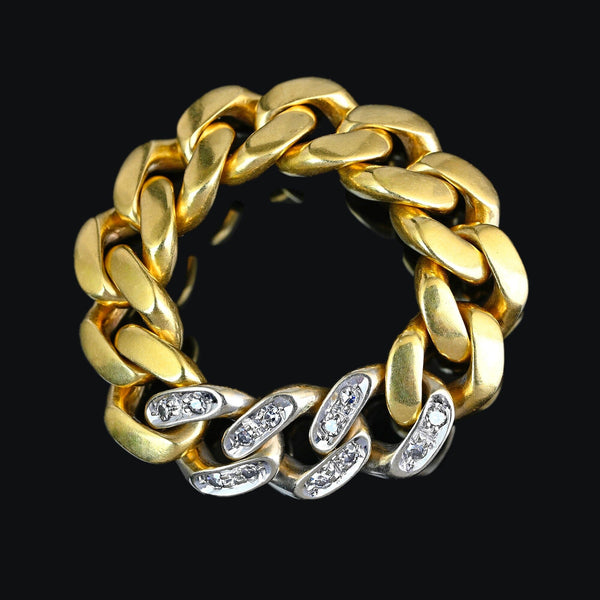 Vintage 18K Gold Chain Diamond Cuban Link Ring, 14.4 Grams