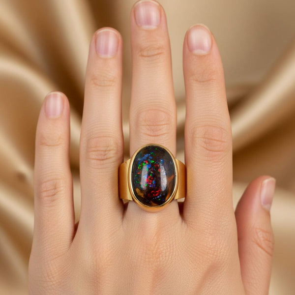Vintage Australian Boulder Opal Ring, 14K Gold Signet, 21.3g