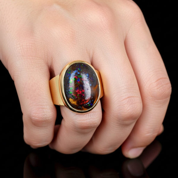 Vintage Australian Boulder Opal Ring, 14K Gold Signet, 21.3g