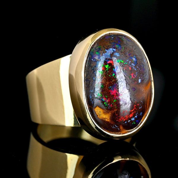 Vintage Australian Boulder Opal Ring, 14K Gold Signet, 21.3g