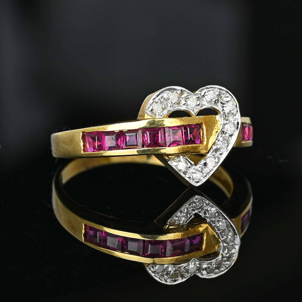 Carré Cut Ruby Diamond Heart Buckle Ring in 14K Gold - Boylerpf