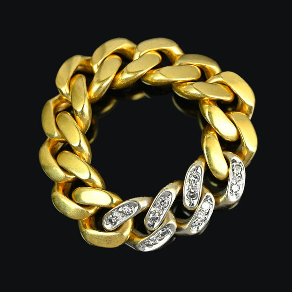 Vintage 18K Gold Chain Diamond Cuban Link Ring, 14.4 Grams