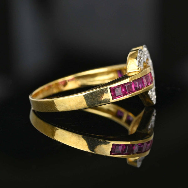 Carré Cut Ruby Diamond Heart Buckle Ring in 14K Gold - Boylerpf