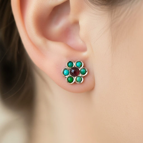 Antique Turquoise Garnet Sterling Silver Stud Earrings - Boylerpf