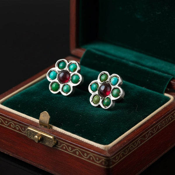 Antique Turquoise Garnet Sterling Silver Stud Earrings - Boylerpf