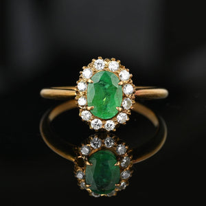 Vintage 14K Gold Diamond Cluster Halo Emerald Ring - Boylerpf