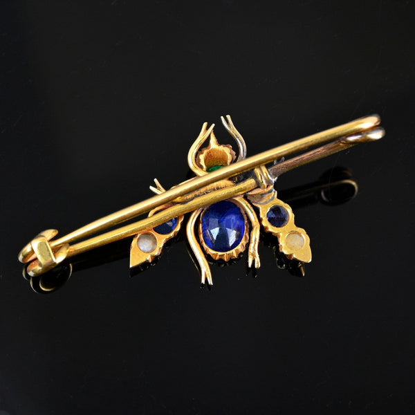 Antique 18K Gold Sapphire Emerald Ruby Bee Brooch - Boylerpf