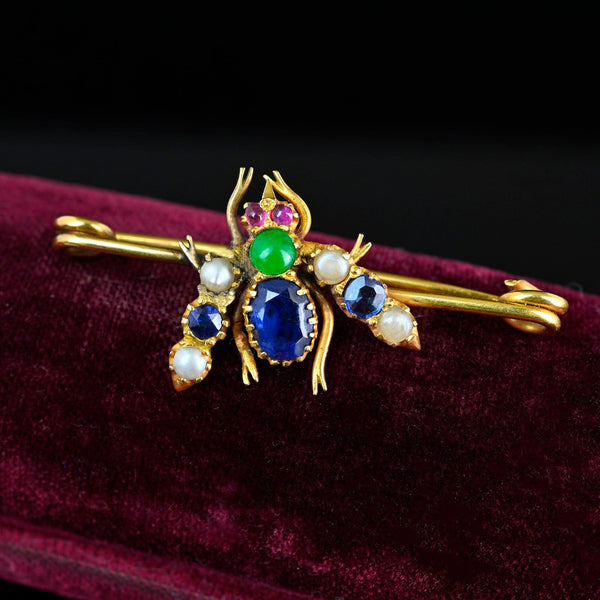 Antique 18K Gold Sapphire Emerald Ruby Bee Brooch - Boylerpf
