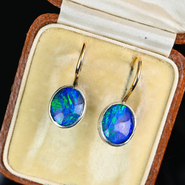 Vintage 9K Gold and Silver Australian Opal Dangle Earrings - Boylerpf
