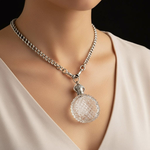 Antique Silver Cut Crystal Chateliane Perfume Bottle Pendant - Boylerpf