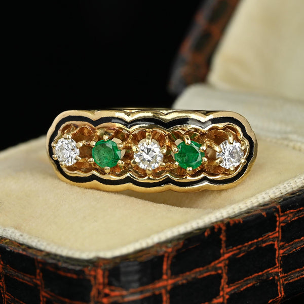 Antique 14K Gold Enamel Diamond Emerald Ring - Boylerpf