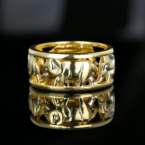 Vintage Wide 14K Gold Cutout Elephant Ring Band - Boylerpf