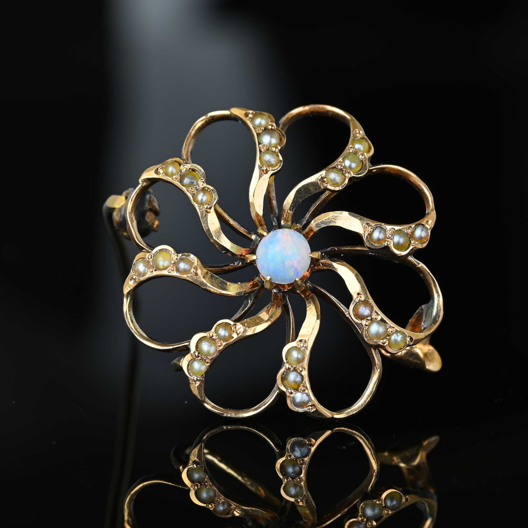 Antique Gold Seed Pearl Floral Opal Brooch in 10K Gold Boylerpf