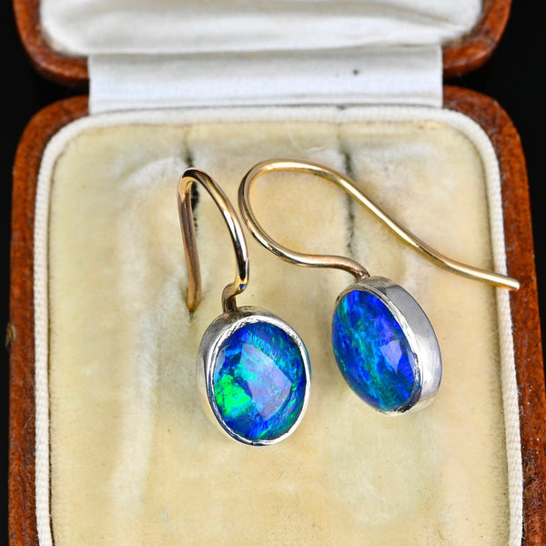 Vintage 9K Gold and Silver Australian Opal Dangle Earrings - Boylerpf