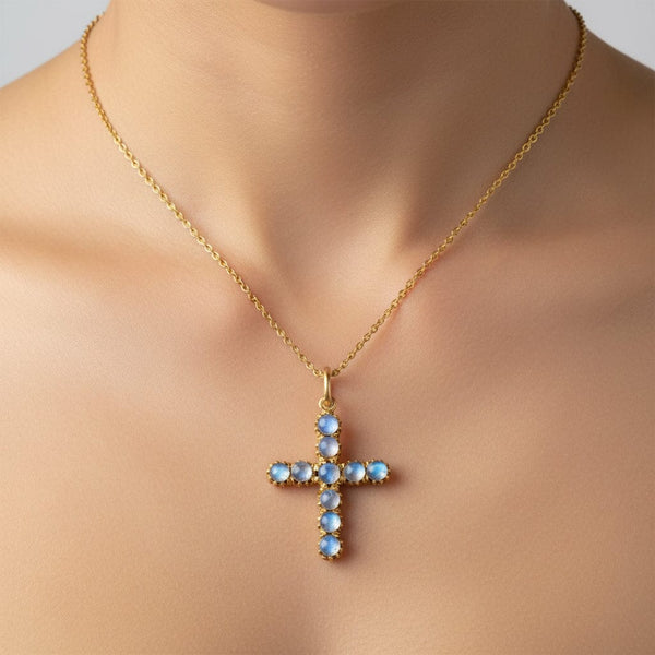 Antique Gold Gilded Silver Moonstone Cross Pendant - Boylerpf