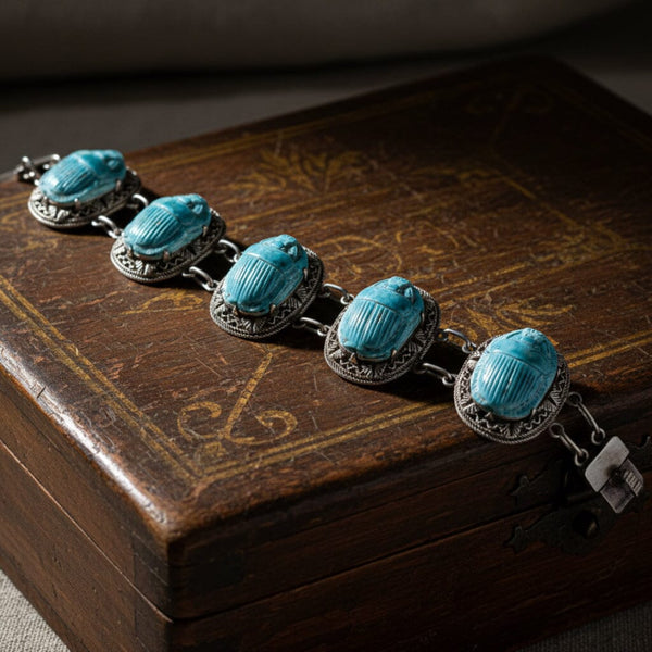Vintage Egyptian Scarab Bracelet Turquoise Faience Silver