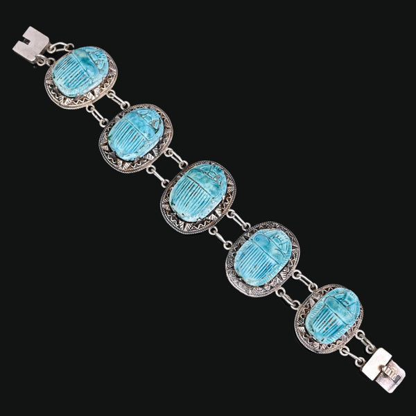 Vintage Egyptian Scarab Bracelet Turquoise Faience Silver