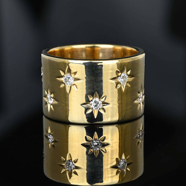 Wide 14K Gold Starburst Diamond Eternity Ring Band - Boylerpf