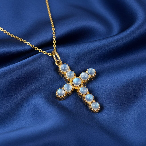 Antique Gold Gilded Silver Moonstone Cross Pendant - Boylerpf