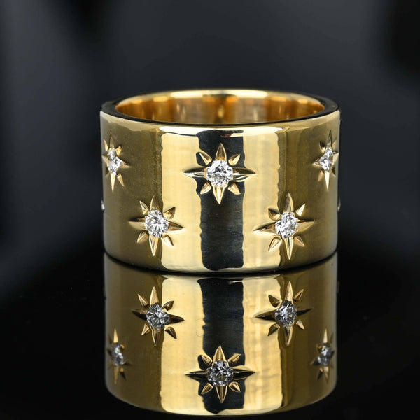 Wide 14K Gold Starburst Diamond Eternity Ring Band - Boylerpf