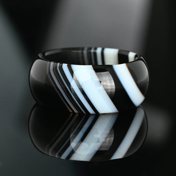 Vintage Black White Banded Agate Donut Band Ring - Boylerpf