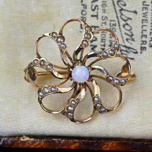 Antique Gold Seed Pearl Floral Opal Brooch in 10K Gold - Boylerpf