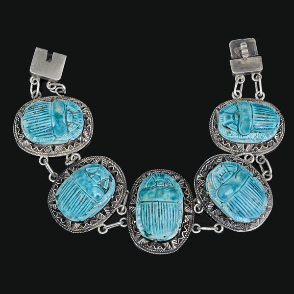 Vintage Egyptian Scarab Bracelet Turquoise Faience Silver