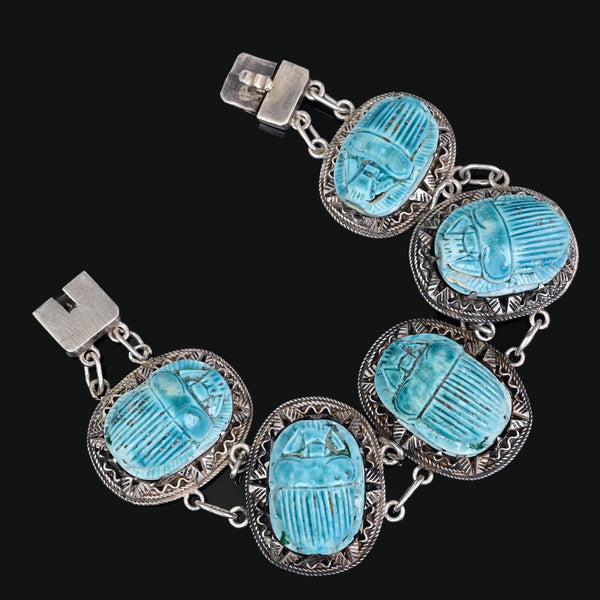 Vintage Egyptian Scarab Bracelet Turquoise Faience Silver