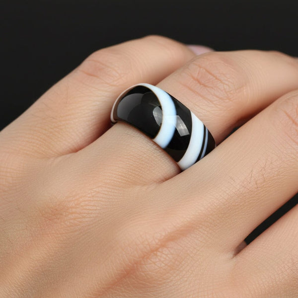 Vintage Black White Banded Agate Donut Band Ring - Boylerpf