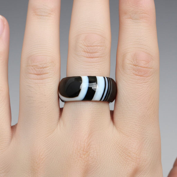 Vintage Black White Banded Agate Donut Band Ring - Boylerpf