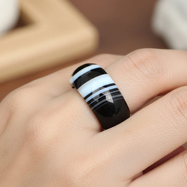Vintage Black White Banded Agate Donut Band Ring - Boylerpf